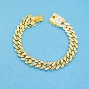 8 inch, Vintage Rhinestone Geometric Curbs Unique Gold Tone Bracelet - N32